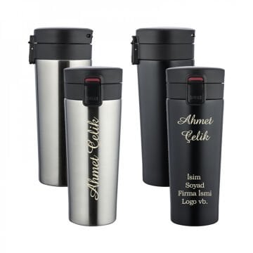 Wings Stainless Steel Mat Siyah İsme Özel Çelik Termos 500ml. | 304 Paslanmaz Çelik - Kaydırmaz Taban - Kilitli Kapak - Hava Çıkışlı - Sızdırmaz