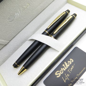 Scrikss 35 Mat Siyah Altın Dolma Kalem + Tükenmez Kalem Set | Scrikss Kalem | İsme Özel Kalem | Hediyelik Kalem