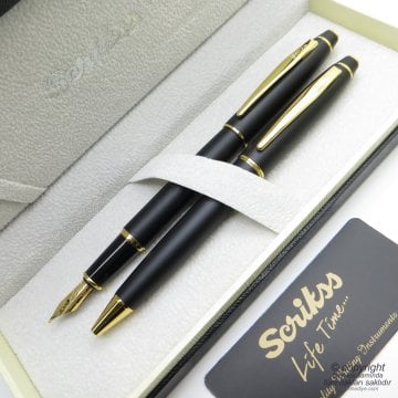 Scrikss 35 Mat Siyah Altın Dolma Kalem + Tükenmez Kalem Set | Scrikss Kalem | İsme Özel Kalem | Hediyelik Kalem