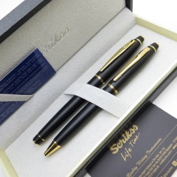 Scrikss 35 Mat Siyah Altın Dolma Kalem + Tükenmez Kalem Set | Scrikss Kalem | İsme Özel Kalem | Hediyelik Kalem